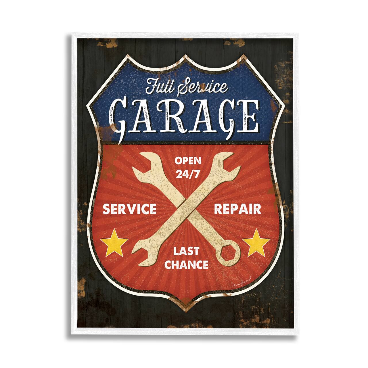 Stupell Industries Full Service Garage Sign Rustic Americana Highway Symbol in White Frame Wall Art